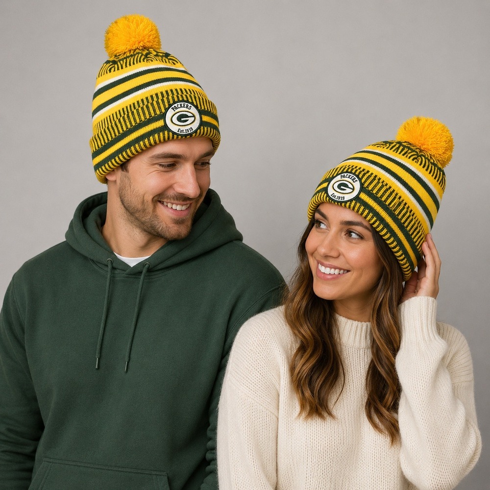 Green Bay Packers New Era NFL Striped Knit Beanie Pom Hat Fleece Lined Yellow